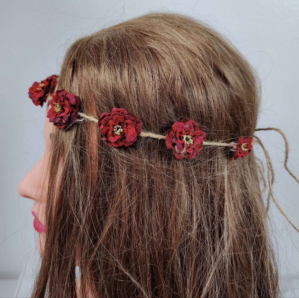Handmade Wild Red Roses Flower Crown Hippie Festival Headband Natural Fibers, OS